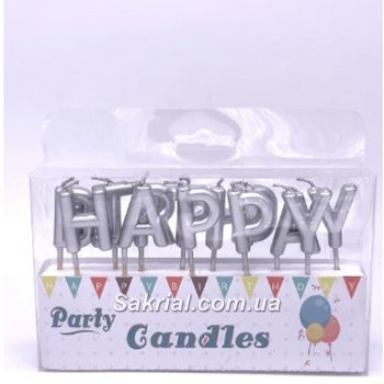 Свічки для торта срібні букви «Happy Birthday» 2879 фото