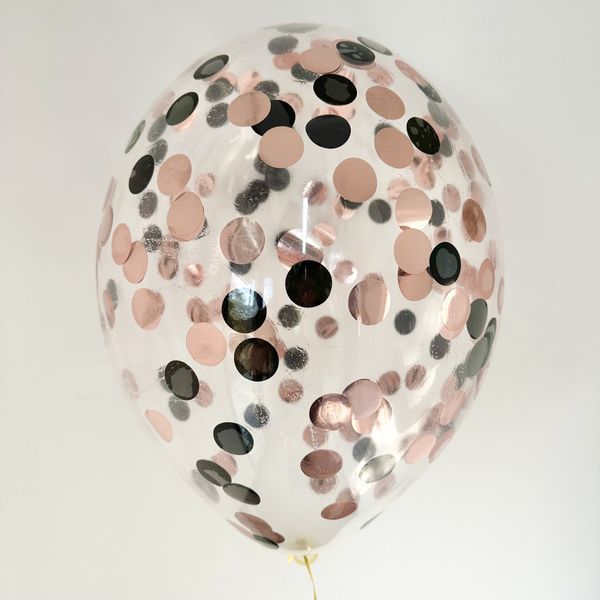 Кулька з конфетті чорні та рожеве золото кружечки 3679 фото